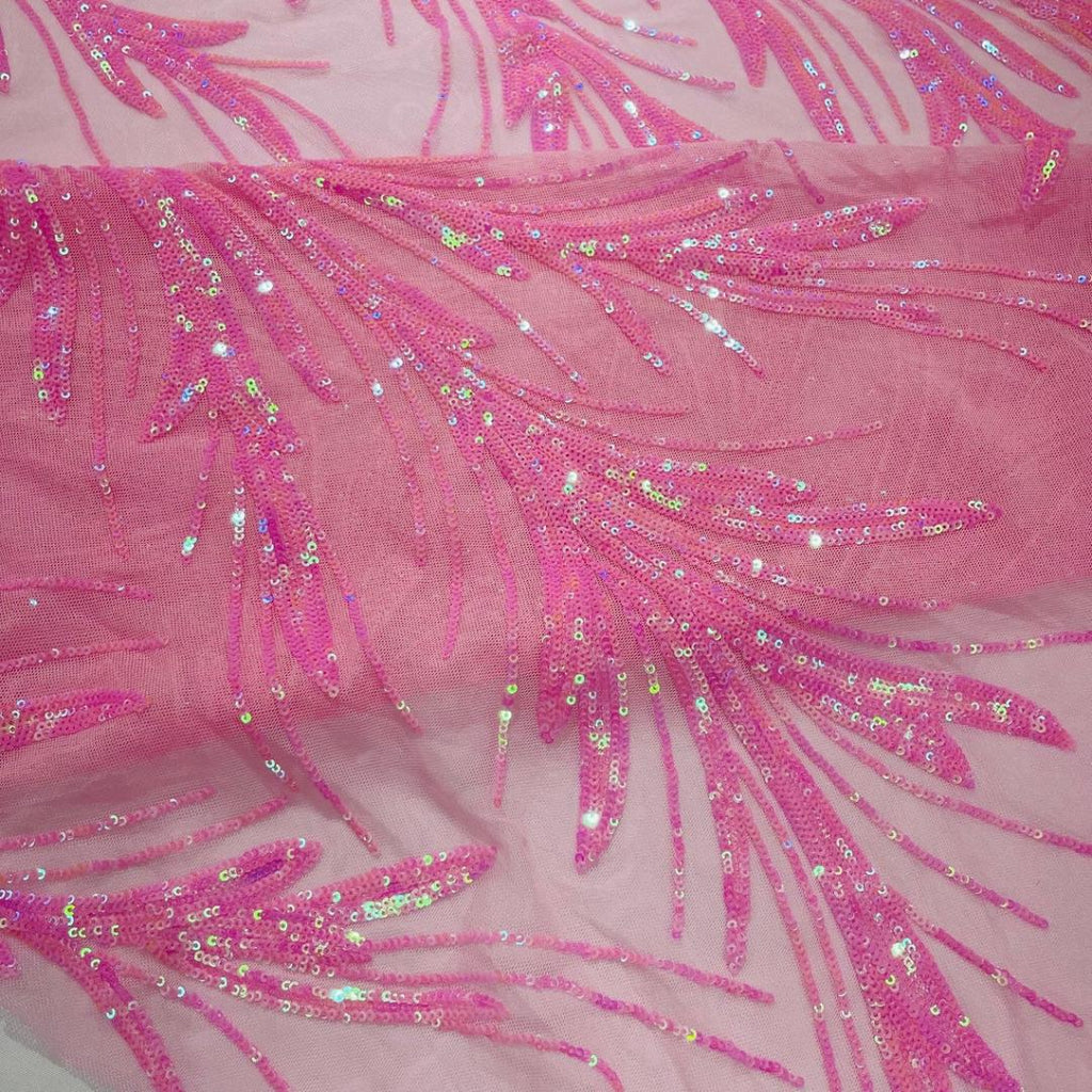 Feather Illusion Iridescent Luxury Shiny Sequin - PINK - 4 Way Stretch Mesh Fabric – Prom & Evening Dress Material By The Yard.