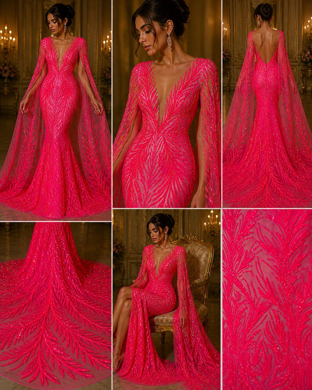 Feather Illusion Iridescent Luxury Shiny Sequin - HOT PINK - 4 Way Stretch Mesh Fabric – Prom & Evening Dress Material By The Yard.