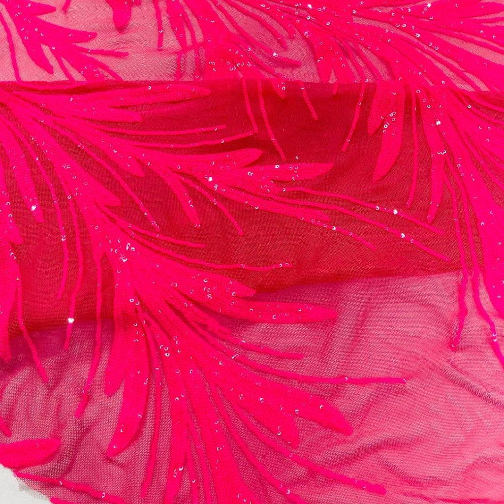 Feather Illusion Iridescent Luxury Shiny Sequin - HOT PINK - 4 Way Stretch Mesh Fabric – Prom & Evening Dress Material By The Yard.