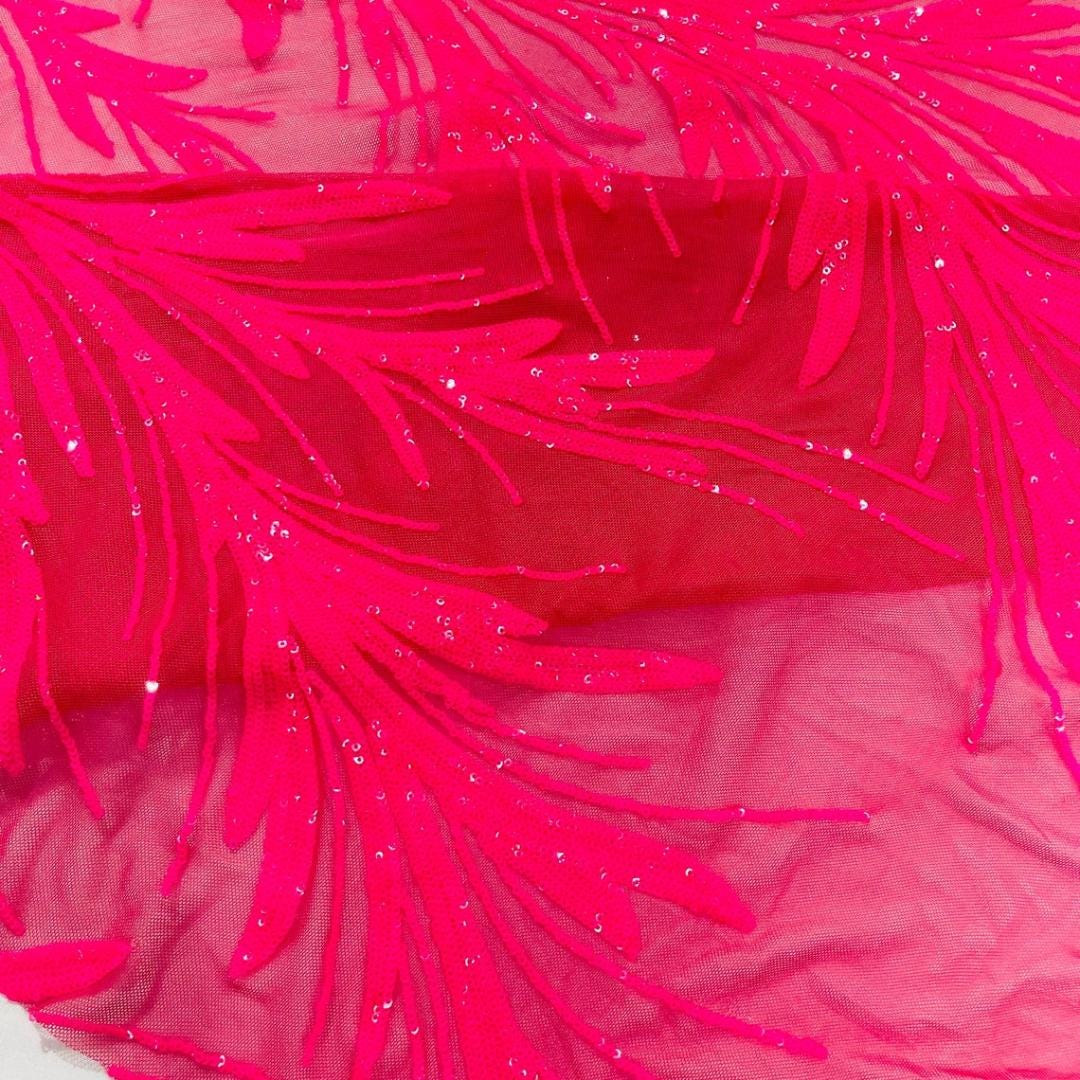Feather Illusion Iridescent Luxury Shiny Sequin - HOT PINK - 4 Way Stretch Mesh Fabric – Prom & Evening Dress Material By The Yard.