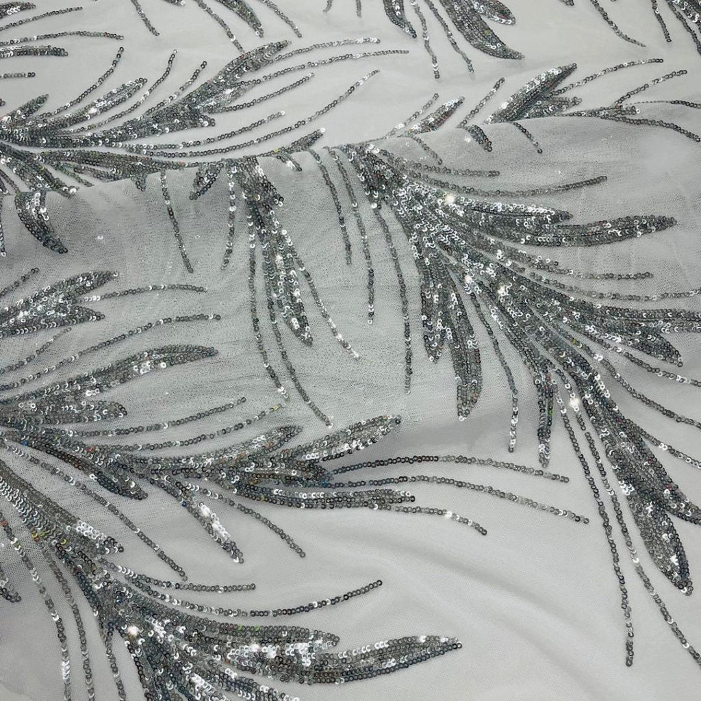 Feather Illusion Luxury Shiny Sequin - SILVER- 4 Way Stretch Mesh Fabric – Prom & Evening Dress Material By The Yard.