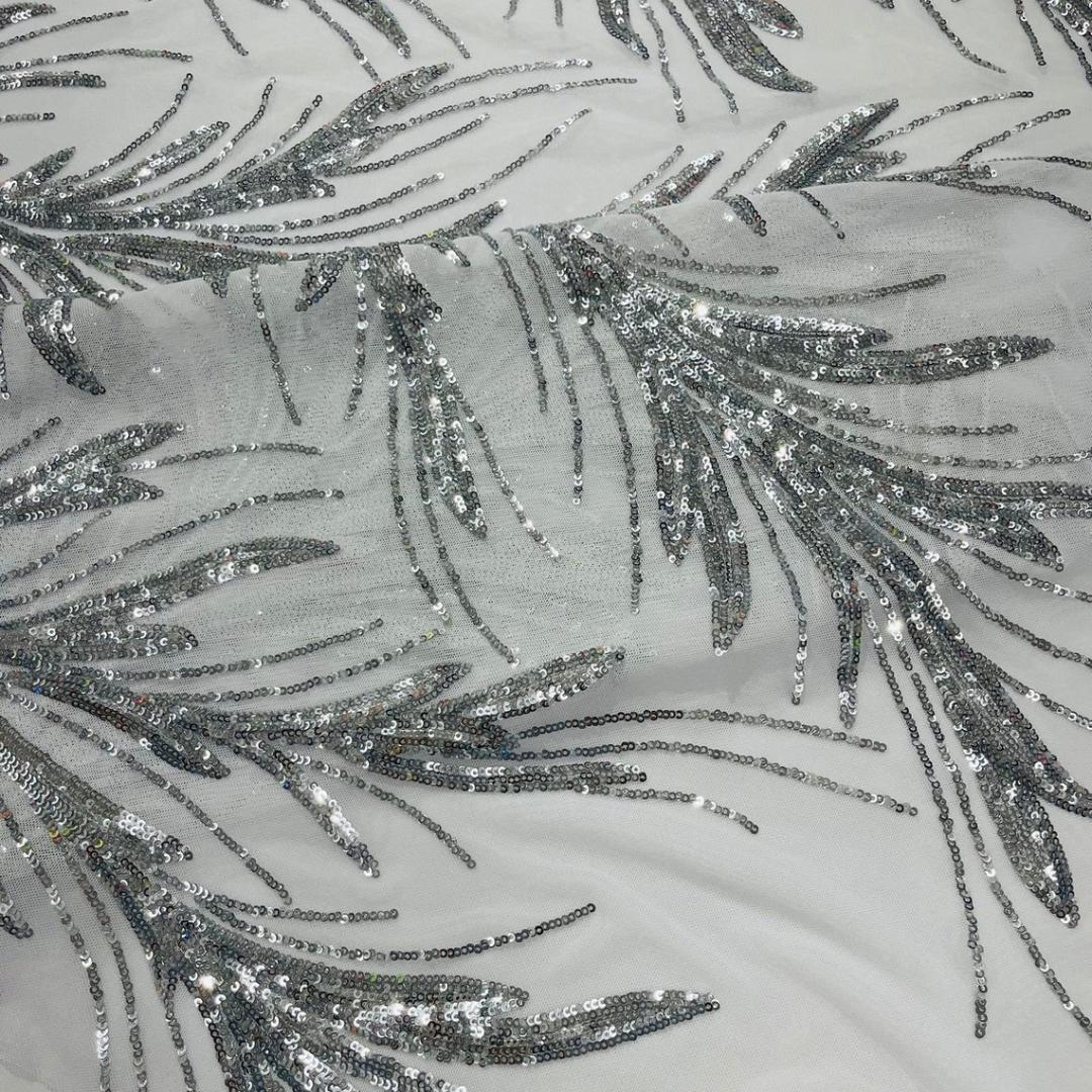 Feather Illusion Luxury Shiny Sequin - SILVER- 4 Way Stretch Mesh Fabric – Prom & Evening Dress Material By The Yard.