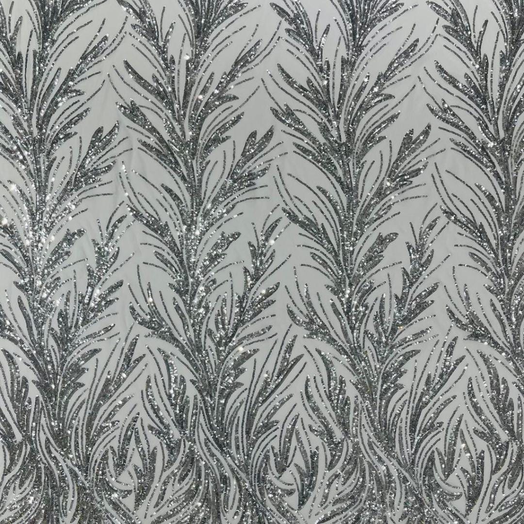 Feather Illusion Luxury Shiny Sequin - SILVER- 4 Way Stretch Mesh Fabric – Prom & Evening Dress Material By The Yard.