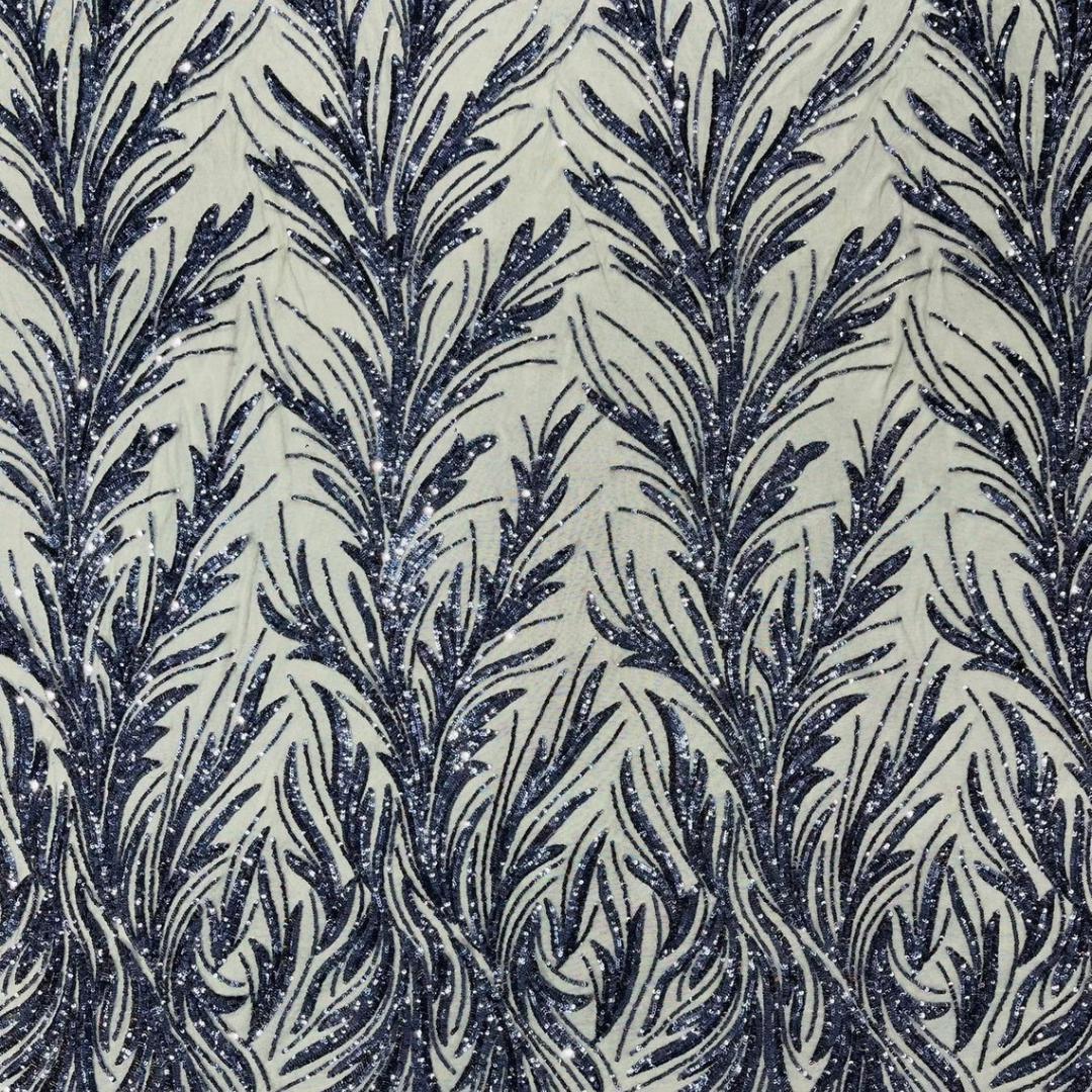 Feather Illusion Luxury Shiny Sequin - NAVY - 4 Way Stretch Mesh Fabric – Prom & Evening Dress Material By The Yard.