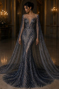 Feather Illusion Luxury Shiny Sequin - NAVY - 4 Way Stretch Mesh Fabric – Prom & Evening Dress Material By The Yard.