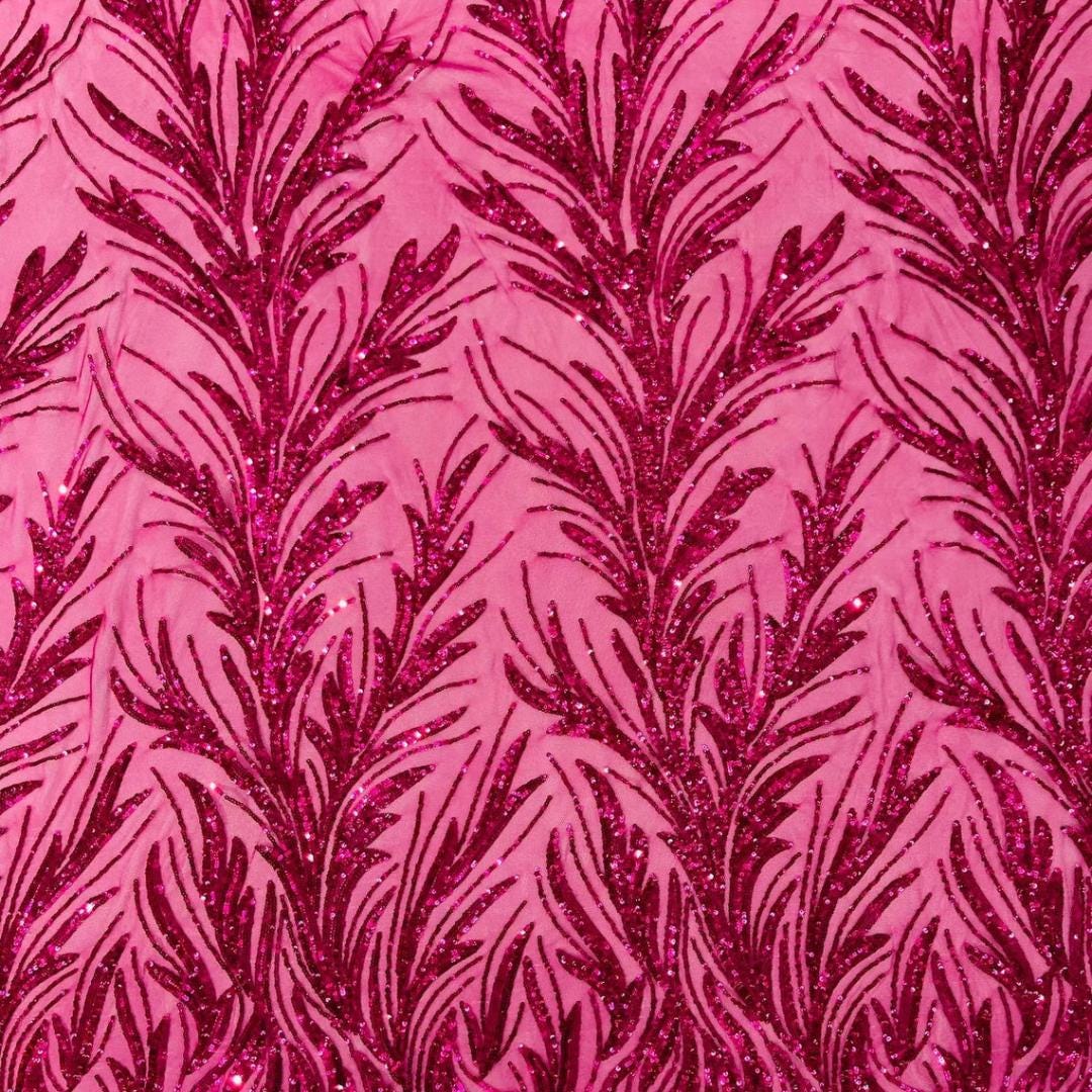 Feather Illusion Luxury Shiny Sequin - FUCHSIA - 4 Way Stretch Mesh Fabric – Prom & Evening Dress Material By The Yard.