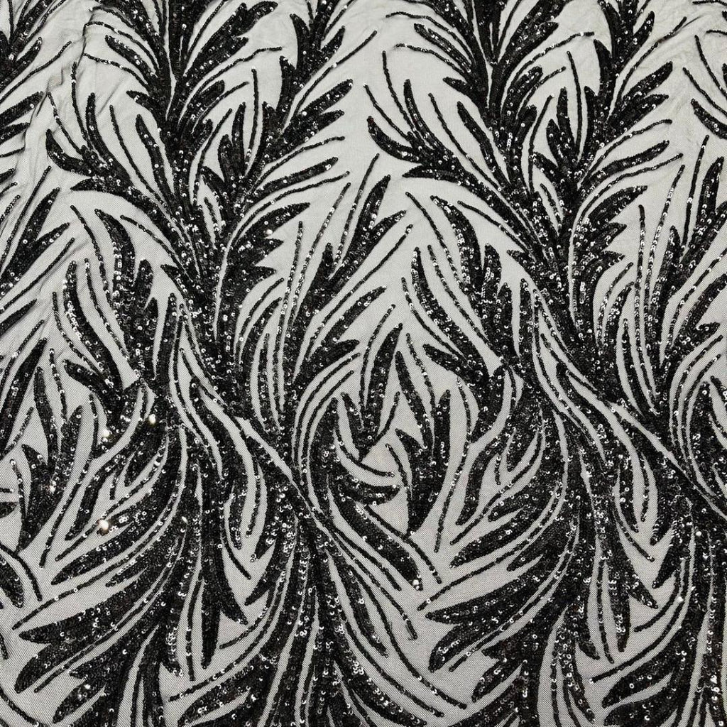 Feather Illusion Luxury Shiny Sequin - BLACK - 4 Way Stretch Mesh Fabric – Prom & Evening Dress Material By The Yard.