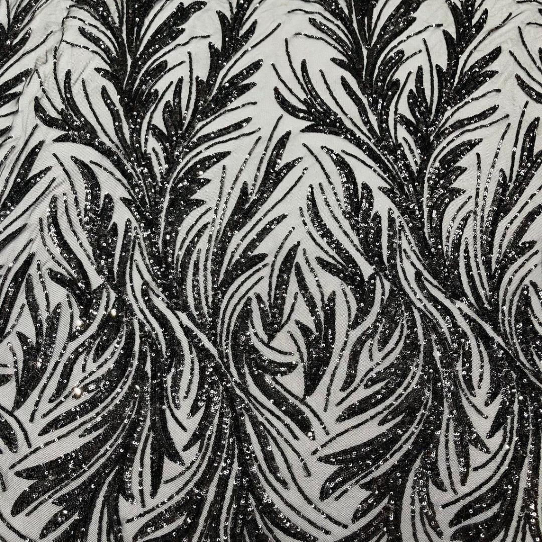 Feather Illusion Luxury Shiny Sequin - BLACK - 4 Way Stretch Mesh Fabric – Prom & Evening Dress Material By The Yard.