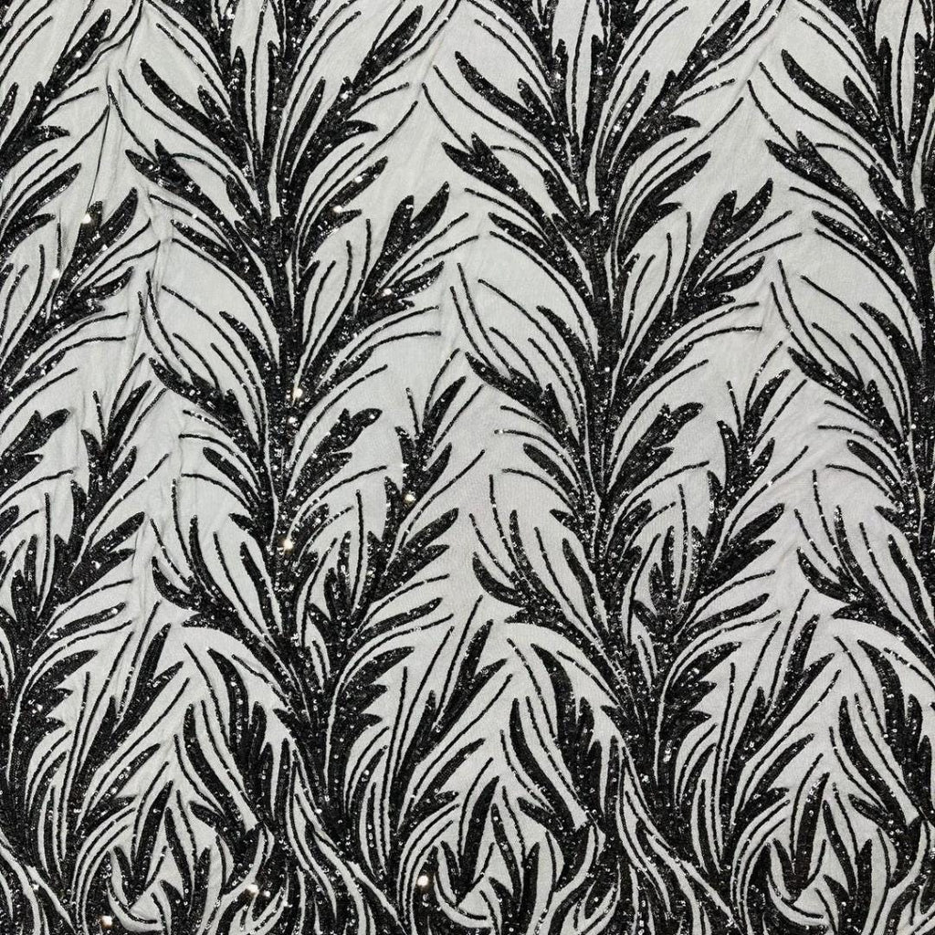 Feather Illusion Luxury Shiny Sequin - BLACK - 4 Way Stretch Mesh Fabric – Prom & Evening Dress Material By The Yard.