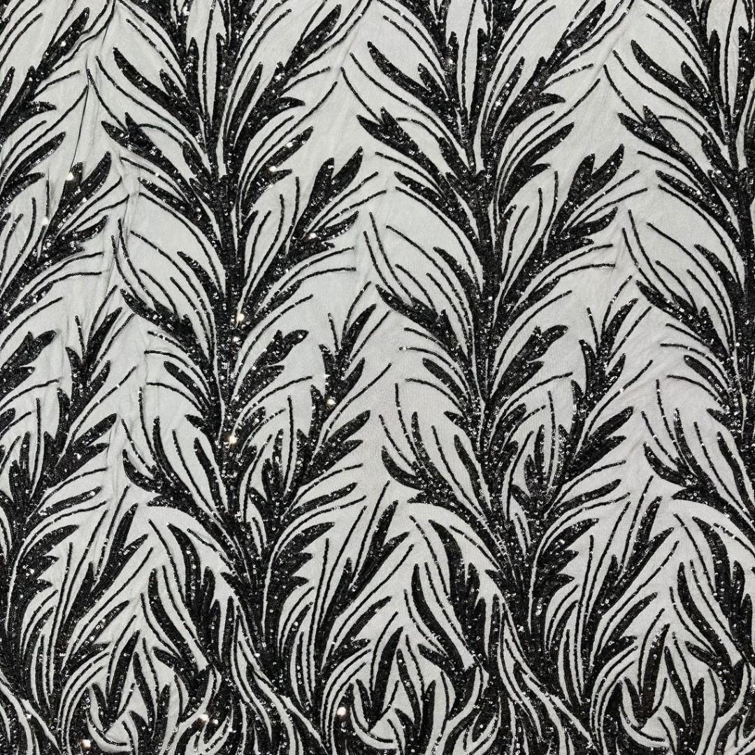 Feather Illusion Luxury Shiny Sequin - BLACK - 4 Way Stretch Mesh Fabric – Prom & Evening Dress Material By The Yard.