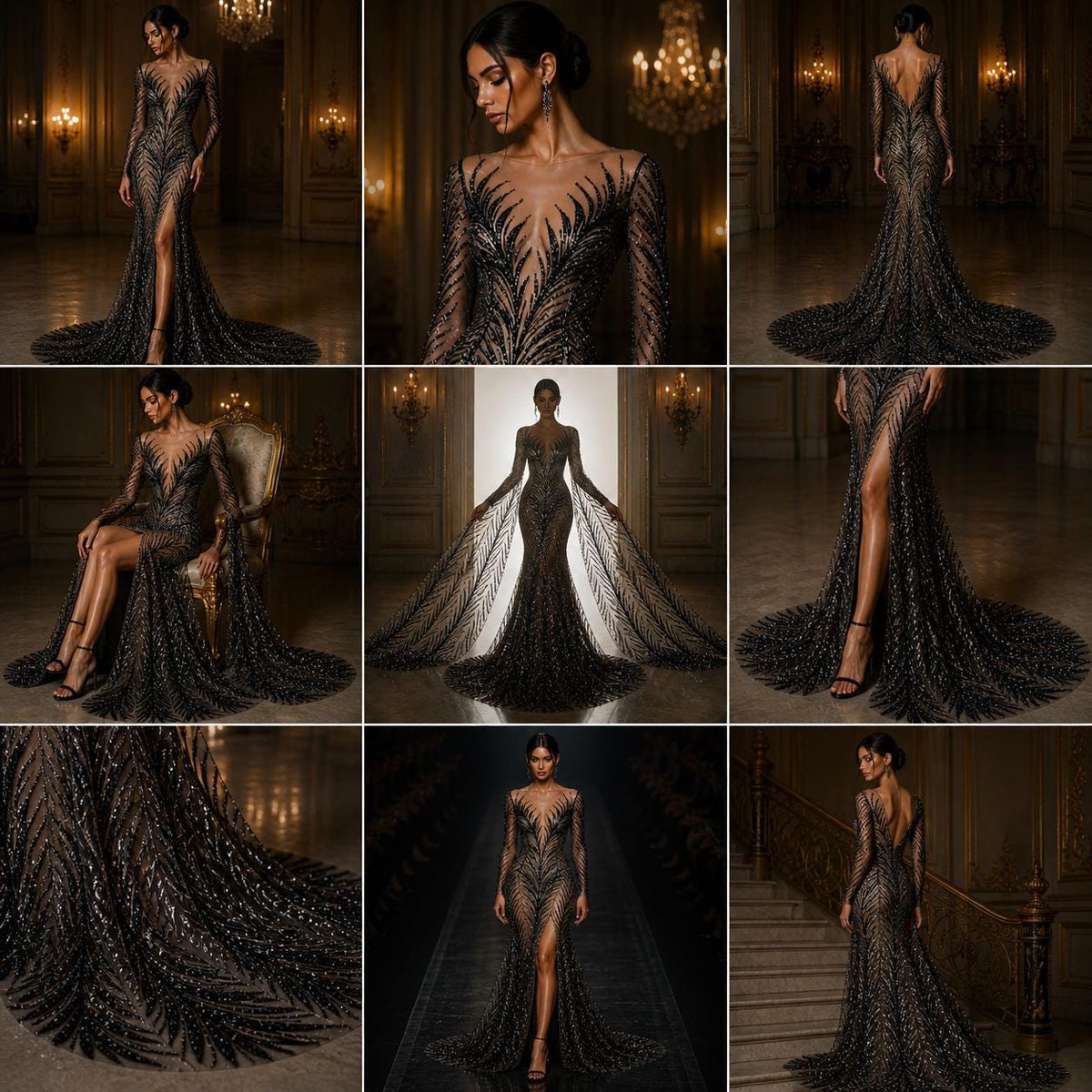 Feather Illusion Luxury Shiny Sequin - BLACK - 4 Way Stretch Mesh Fabric – Prom & Evening Dress Material By The Yard.