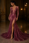 Feather Illusion Luxury Shiny Sequin - PLUM - 4 Way Stretch Mesh Fabric – Prom & Evening Dress Material By The Yard.