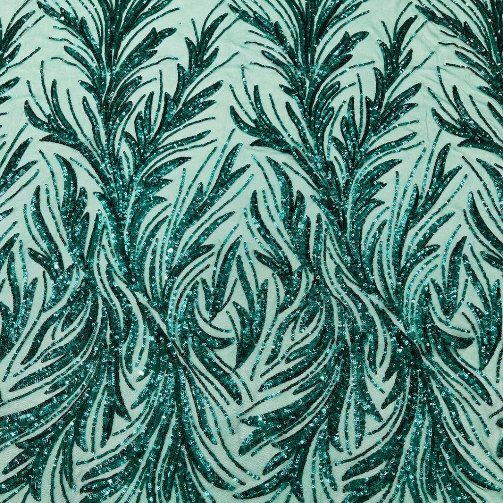 Feather Illusion Luxury Shiny Sequin - EMERALD - 4 Way Stretch Mesh Fabric – Prom & Evening Dress Material By The Yard.