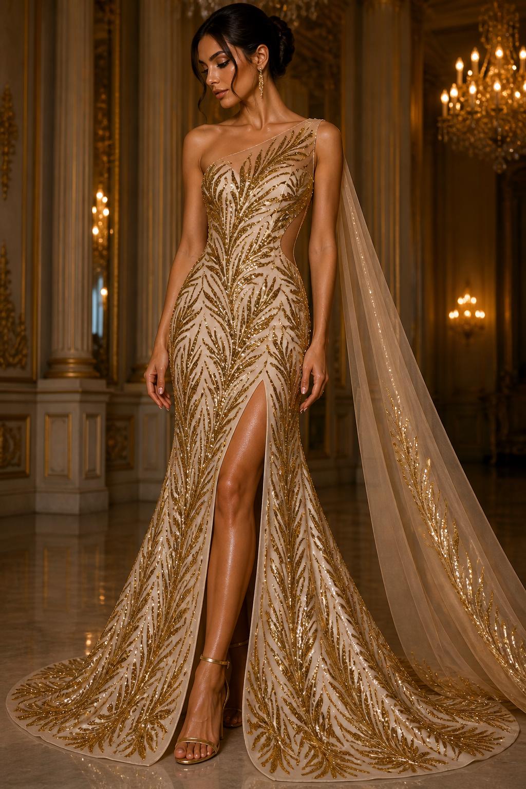Feather Illusion Luxury Shiny Sequin - GOLD - 4 Way Stretch Mesh Fabric – Prom & Evening Dress Material By The Yard.