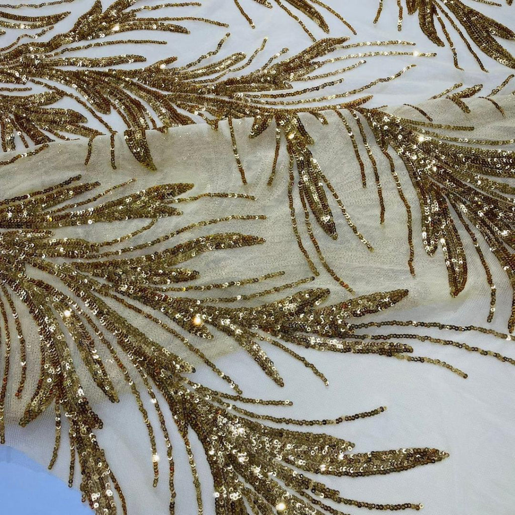 Feather Illusion Luxury Shiny Sequin - GOLD - 4 Way Stretch Mesh Fabric – Prom & Evening Dress Material By The Yard.