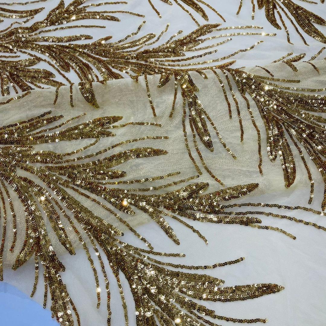 Feather Illusion Luxury Shiny Sequin - GOLD - 4 Way Stretch Mesh Fabric – Prom & Evening Dress Material By The Yard.