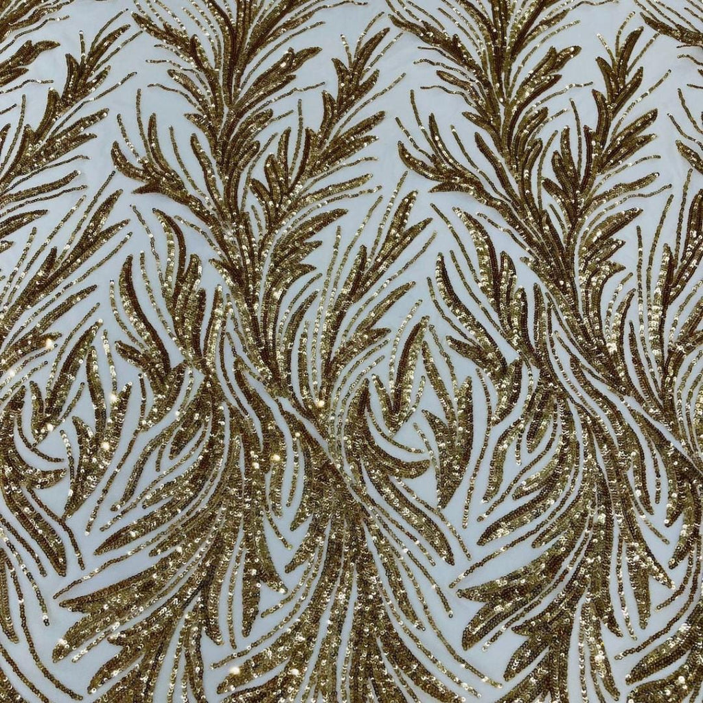 Feather Illusion Luxury Shiny Sequin - GOLD - 4 Way Stretch Mesh Fabric – Prom & Evening Dress Material By The Yard.