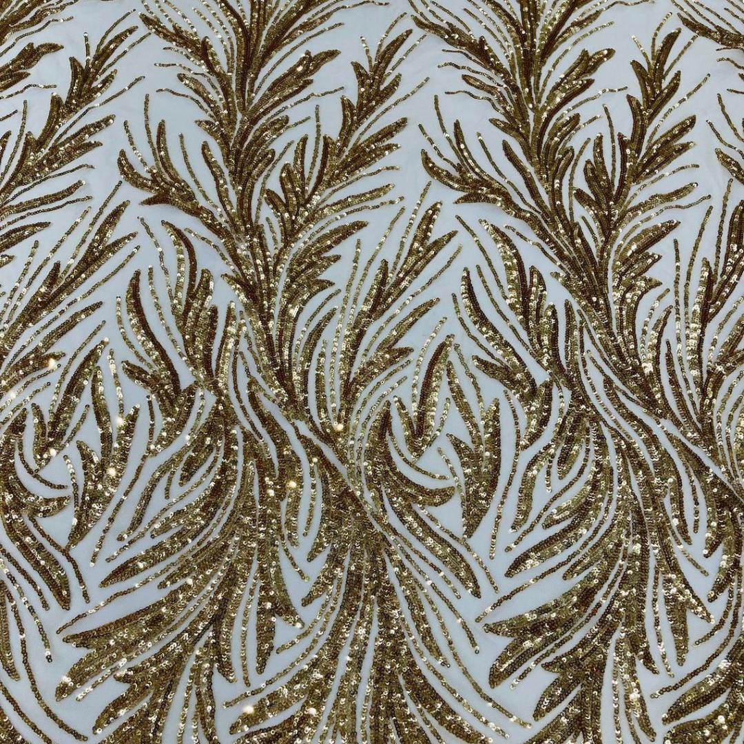 Feather Illusion Luxury Shiny Sequin - GOLD - 4 Way Stretch Mesh Fabric – Prom & Evening Dress Material By The Yard.