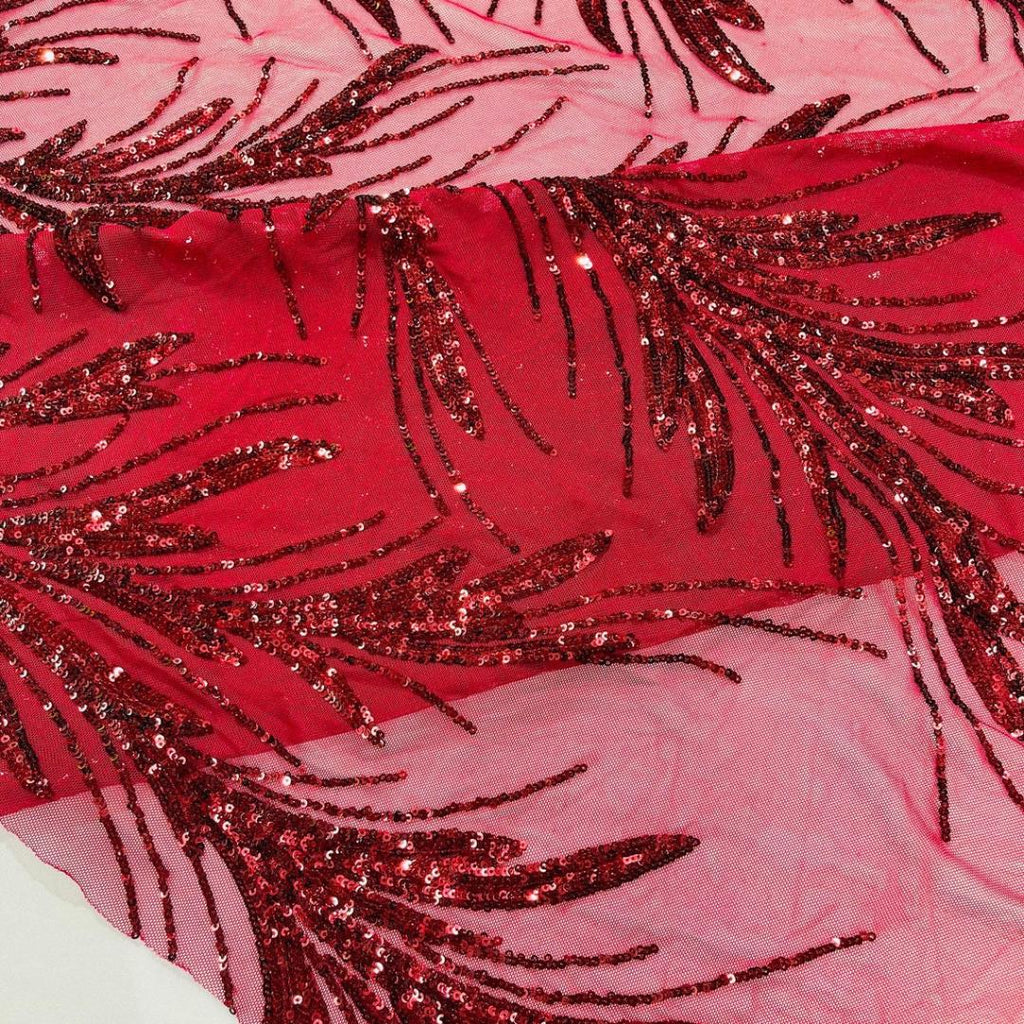 Feather Illusion Luxury Shiny Sequin - BURGUNDY - 4 Way Stretch Mesh Fabric – Prom & Evening Dress Material By The Yard.