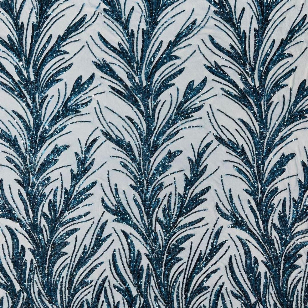 Feather Illusion Luxury Shiny Sequin - TEAL BLUE - 4 Way Stretch Mesh Fabric – Prom & Evening Dress Material By The Yard.