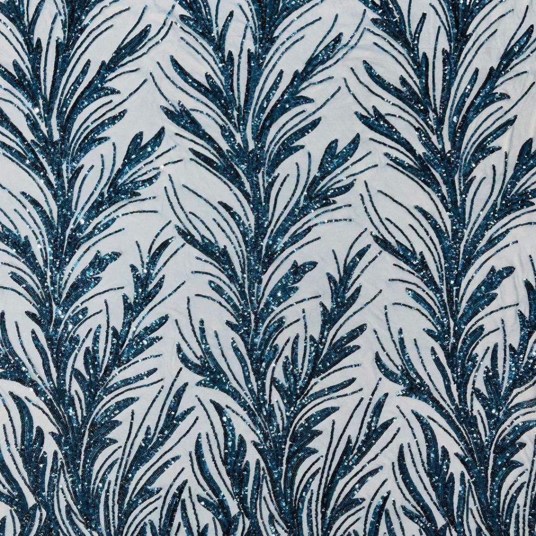 Feather Illusion Luxury Shiny Sequin - TEAL BLUE - 4 Way Stretch Mesh Fabric – Prom & Evening Dress Material By The Yard.