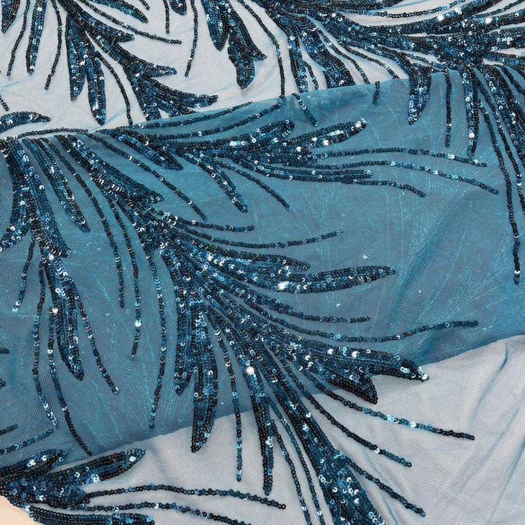 Feather Illusion Luxury Shiny Sequin - TEAL BLUE - 4 Way Stretch Mesh Fabric – Prom & Evening Dress Material By The Yard.