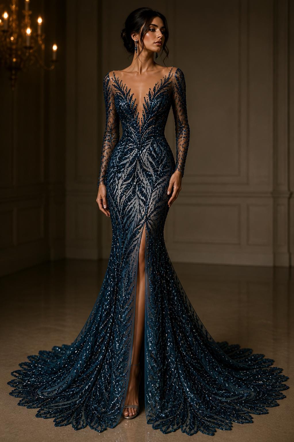 Feather Illusion Luxury Shiny Sequin - TEAL BLUE - 4 Way Stretch Mesh Fabric – Prom & Evening Dress Material By The Yard.