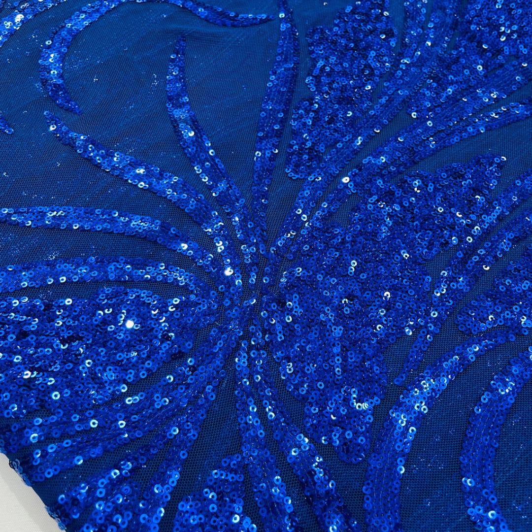 Royal Sapphire Sequin Embroidered Mesh Fabric – Luxury Blue Lace by the Yard – Couture Evening Dress, Prom & Bridal Fabric