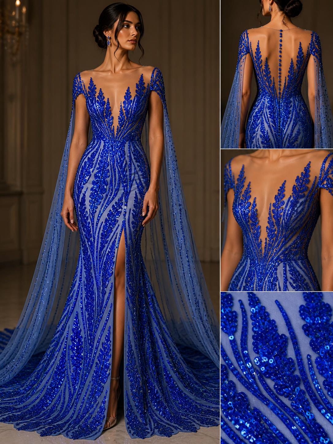 Royal Sapphire Sequin Embroidered Mesh Fabric – Luxury Blue Lace by the Yard – Couture Evening Dress, Prom & Bridal Fabric