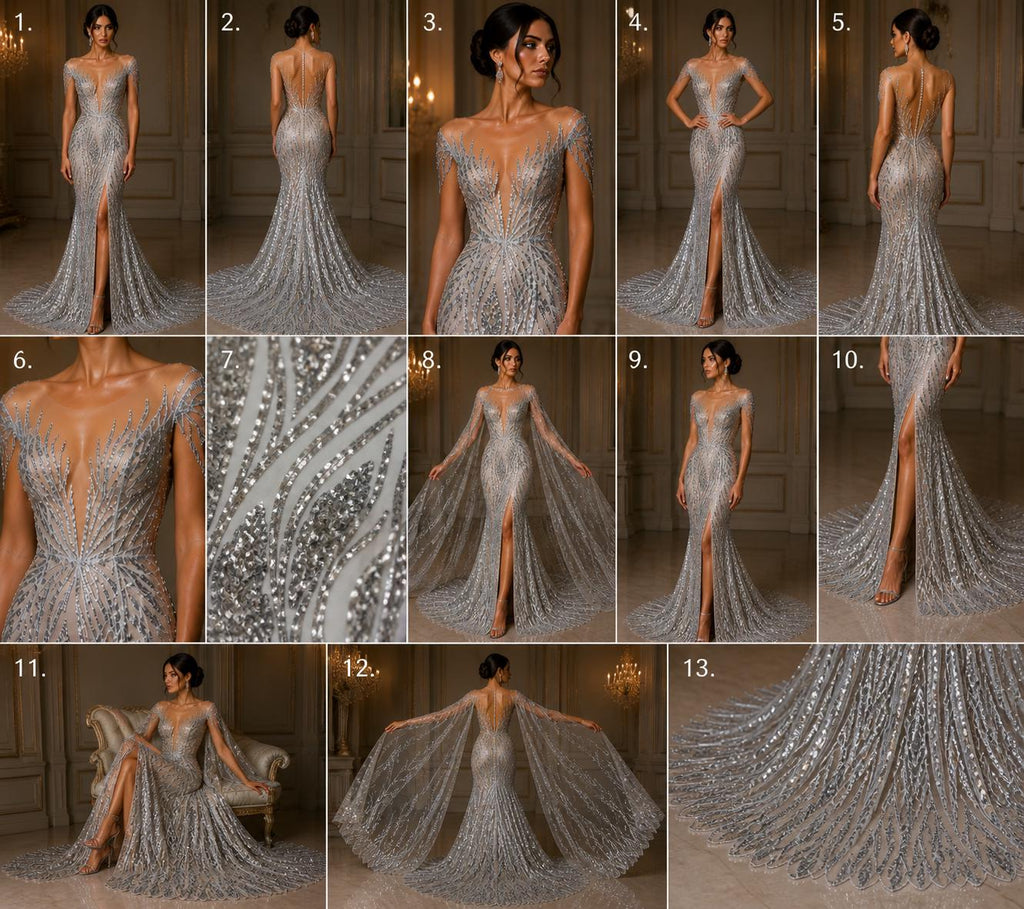 Silver Sapphire Sequin Embroidered Mesh Fabric – Luxury Blue Lace by the Yard – Couture Evening Dress, Prom & Bridal Fabric
