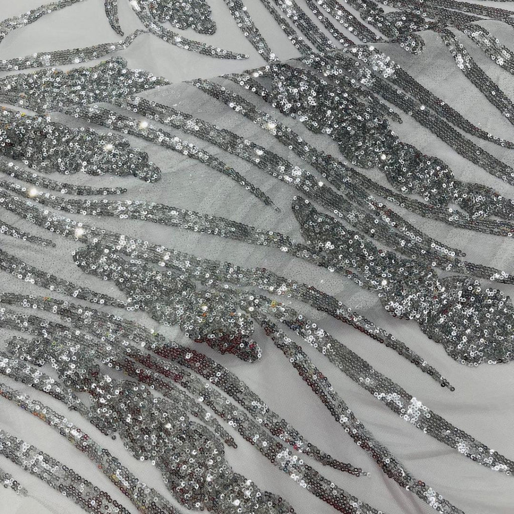 Silver Sapphire Sequin Embroidered Mesh Fabric – Luxury Blue Lace by the Yard – Couture Evening Dress, Prom & Bridal Fabric