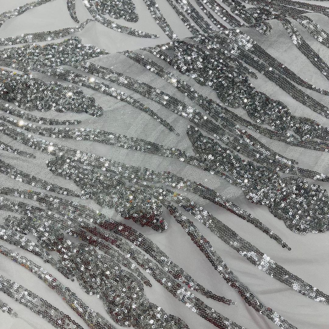 Silver Sapphire Sequin Embroidered Mesh Fabric – Luxury Blue Lace by the Yard – Couture Evening Dress, Prom & Bridal Fabric