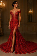 Red Sapphire Sequin Embroidered Mesh Fabric – Luxury Blue Lace by the Yard – Couture Evening Dress, Prom & Bridal Fabric