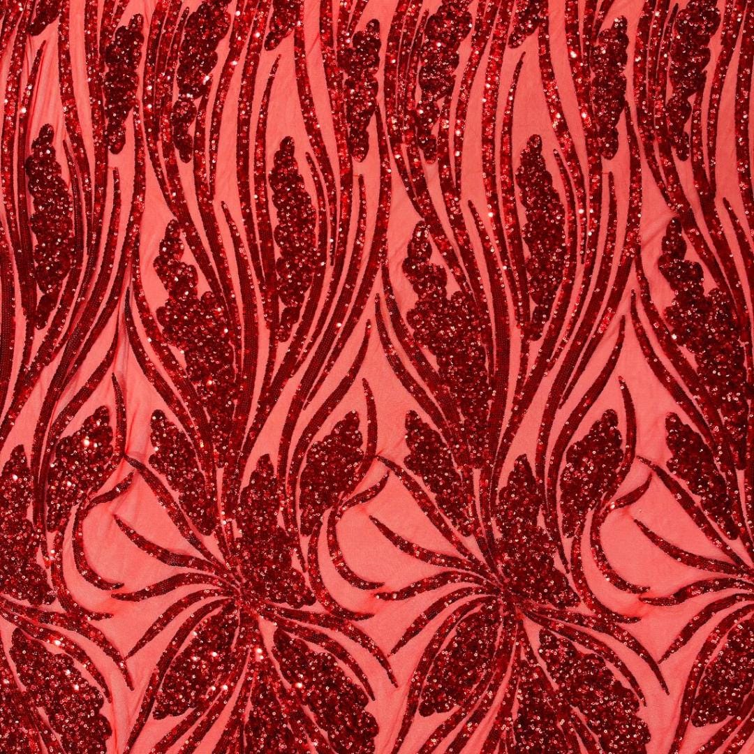 Red Sapphire Sequin Embroidered Mesh Fabric – Luxury Blue Lace by the Yard – Couture Evening Dress, Prom & Bridal Fabric