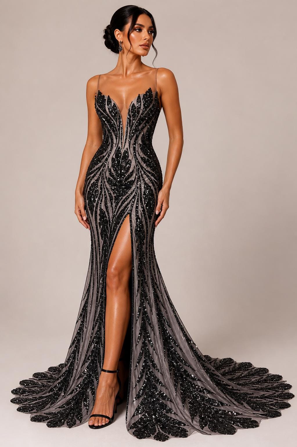 Black Sapphire Sequin Embroidered Mesh Fabric – Luxury Blue Lace by the Yard – Couture Evening Dress, Prom & Bridal Fabric