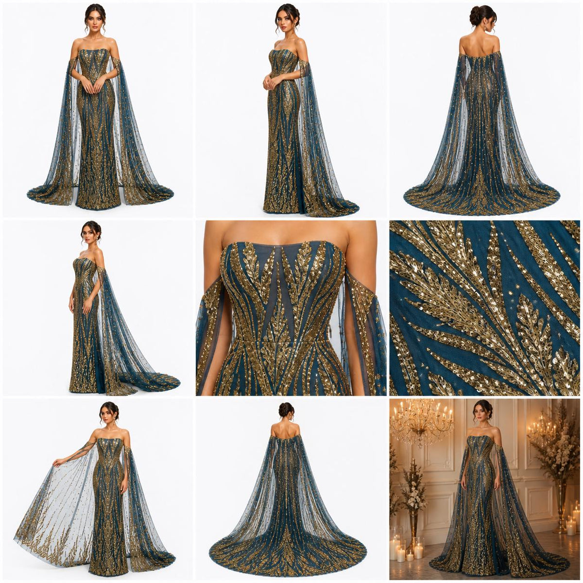 Gold/Black Sapphire Sequin Embroidered Mesh Fabric – Luxury Blue Lace by the Yard – Couture Evening Dress, Prom & Bridal Fabric