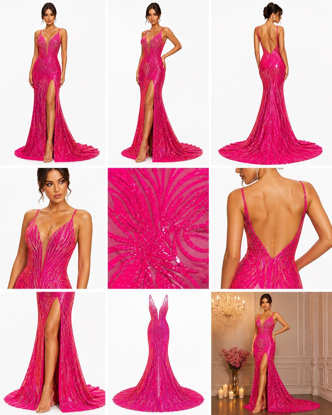 Hot Pink Iridescent Sapphire Sequin Embroidered Mesh Fabric – Luxury Blue Lace by the Yard – Couture Evening Dress, Prom & Bridal Fabric