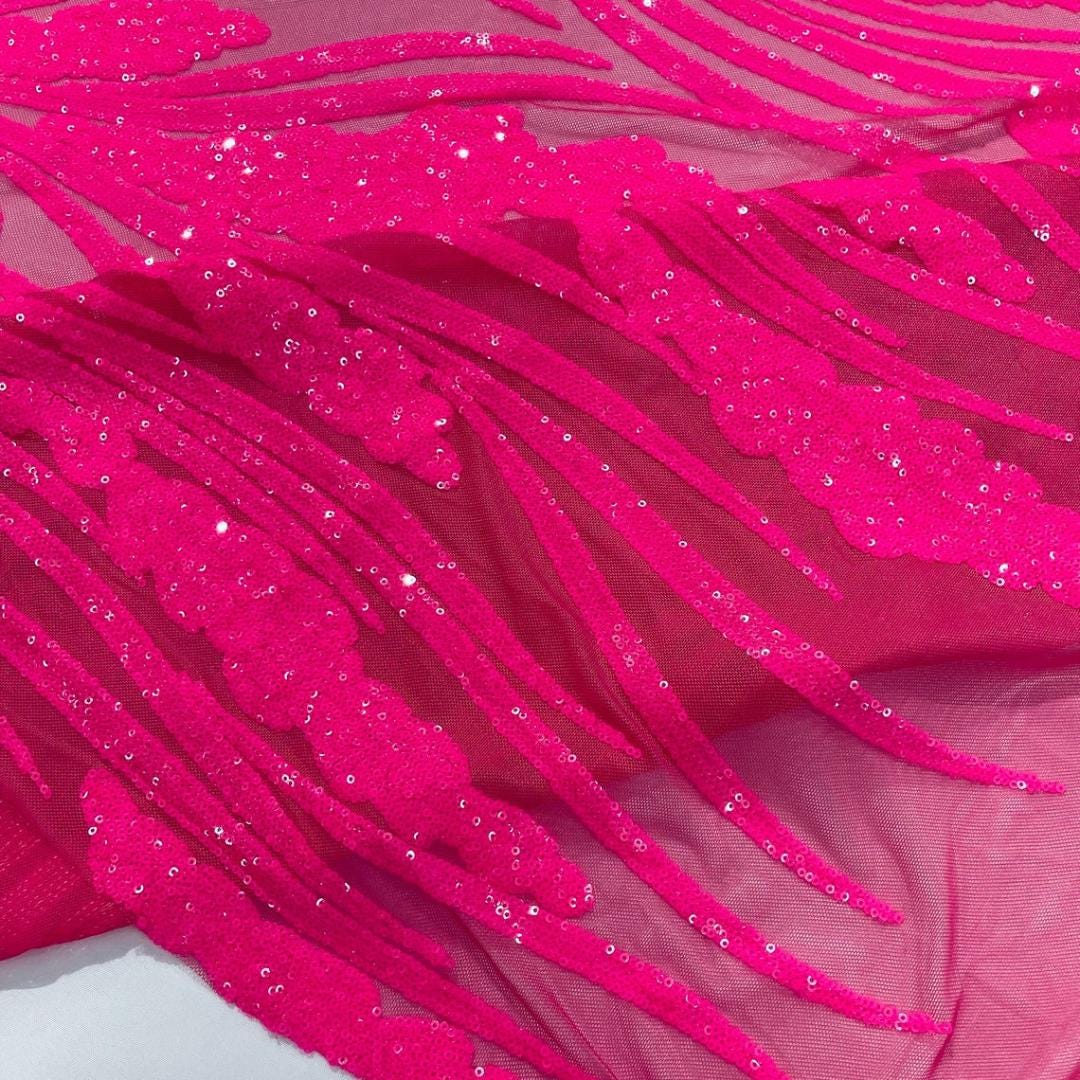 Hot Pink Iridescent Sapphire Sequin Embroidered Mesh Fabric – Luxury Blue Lace by the Yard – Couture Evening Dress, Prom & Bridal Fabric