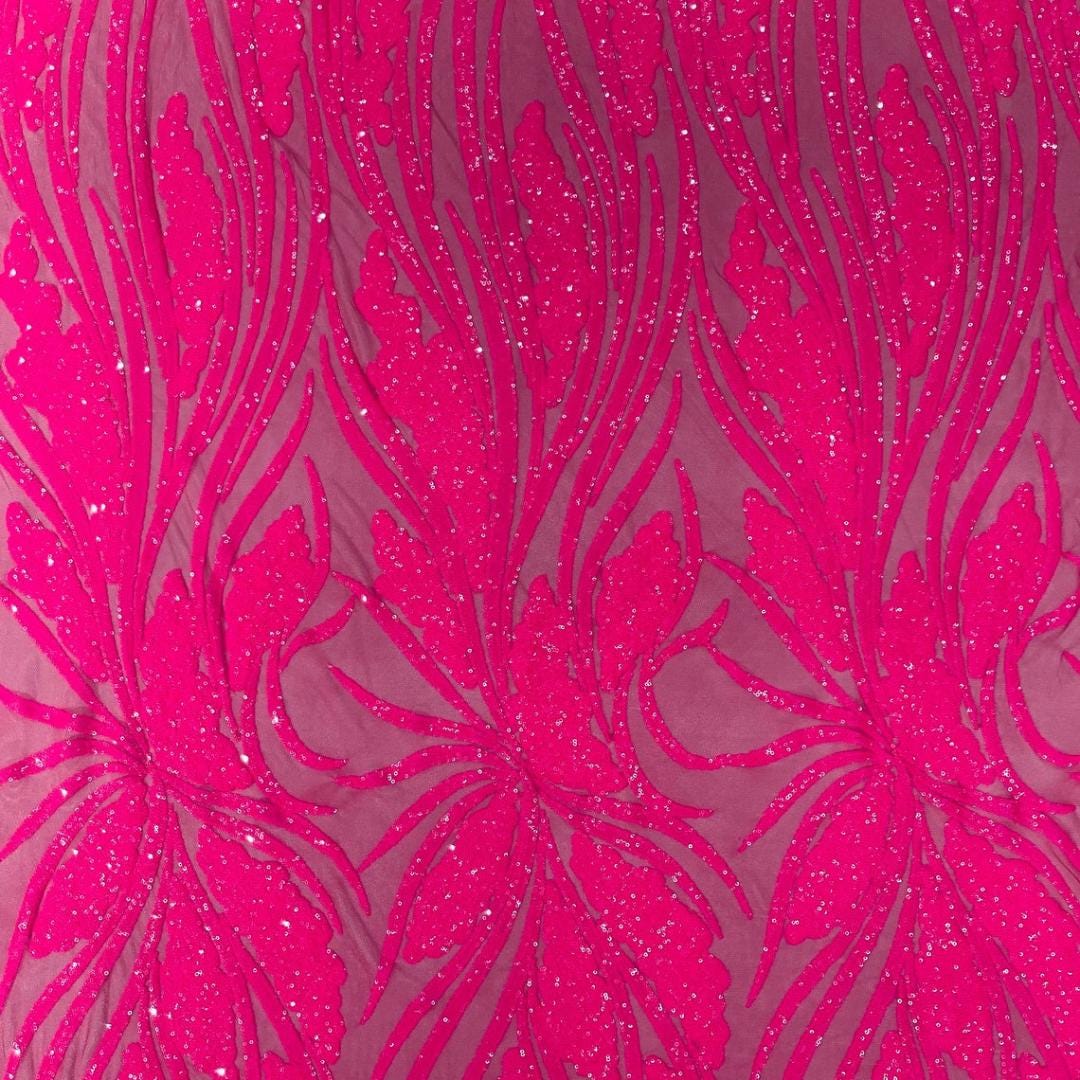 Hot Pink Iridescent Sapphire Sequin Embroidered Mesh Fabric – Luxury Blue Lace by the Yard – Couture Evening Dress, Prom & Bridal Fabric