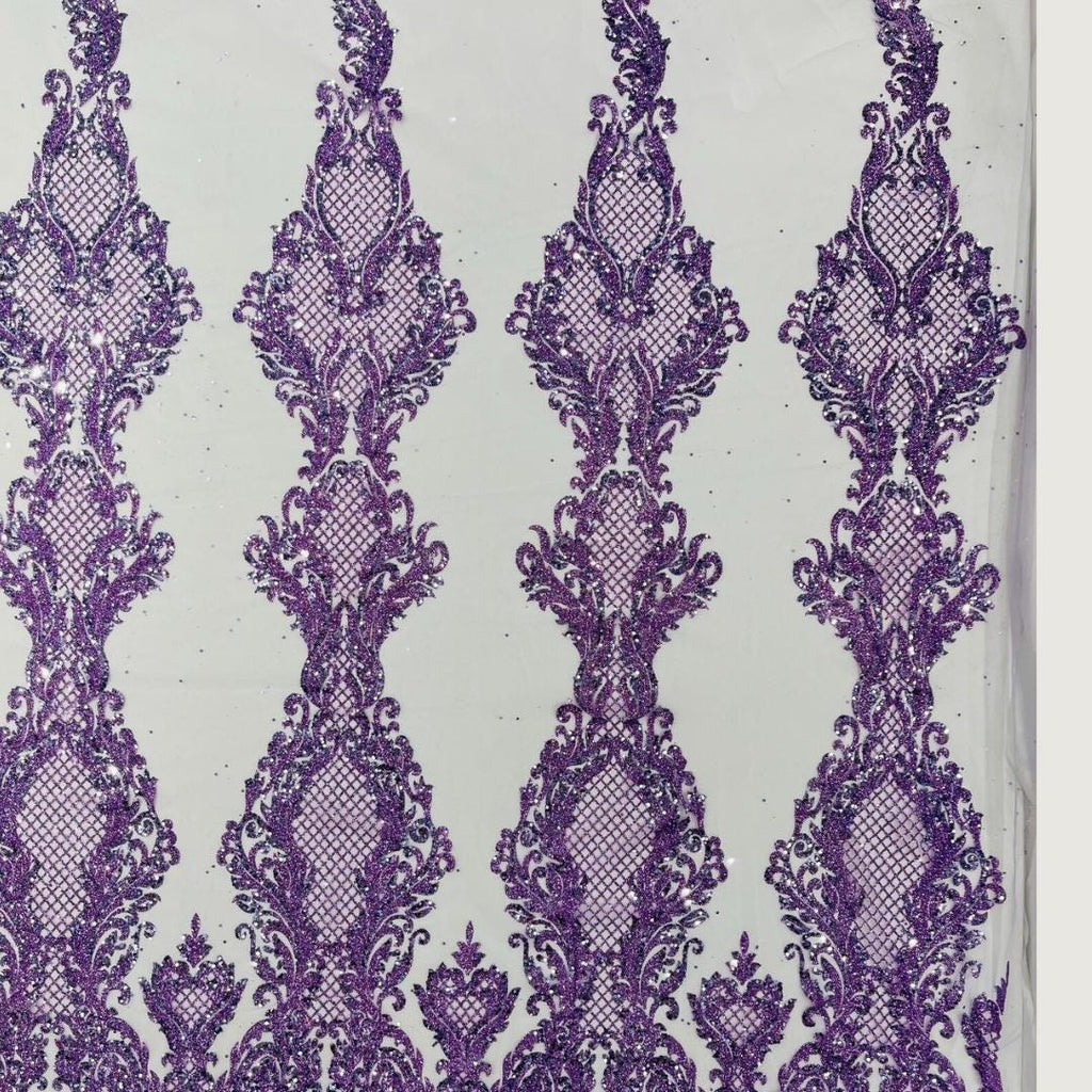 Luxury Lace - Lilac -  Glitter Damask Design Fabric 58” Wide For Quinsiañera Dresses - Prom Dress Sold By The Yard
