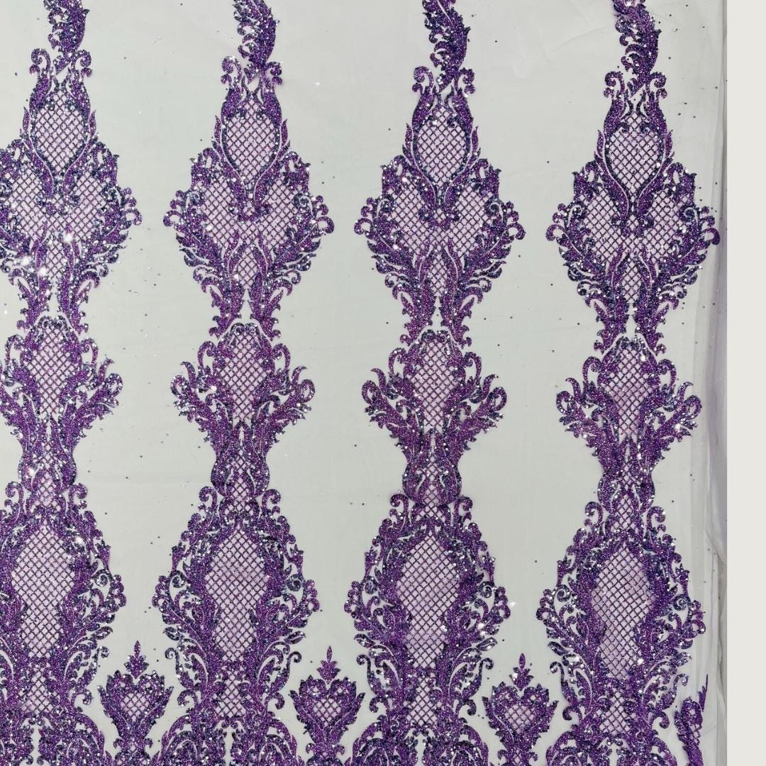 Luxury Lace - Lilac -  Glitter Damask Design Fabric 58” Wide For Quinsiañera Dresses - Prom Dress Sold By The Yard