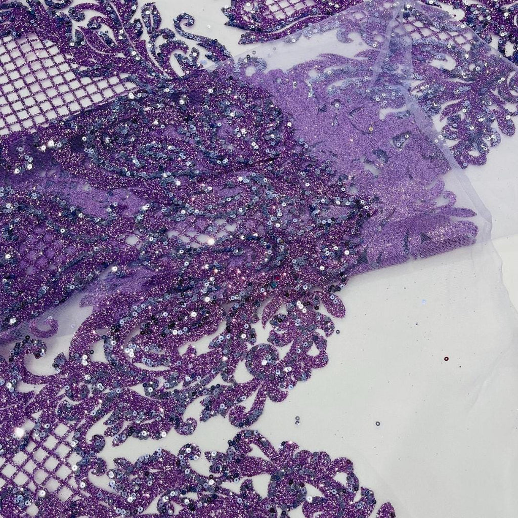 Luxury Lace - Lilac -  Glitter Damask Design Fabric 58” Wide For Quinsiañera Dresses - Prom Dress Sold By The Yard