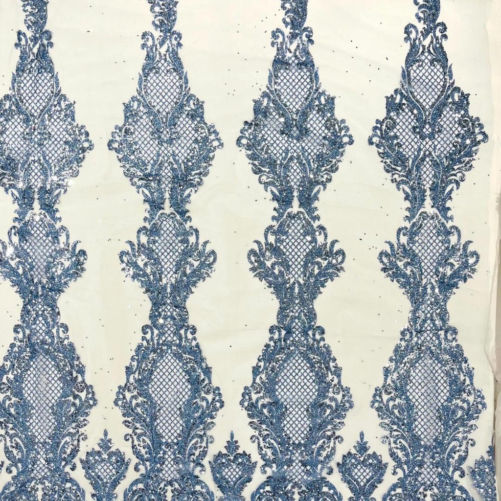 Luxury Lace - Lt Blue -  Glitter Damask Design Fabric 58” Wide For Quinsiañera Dresses - Prom Dress Sold By The Yard