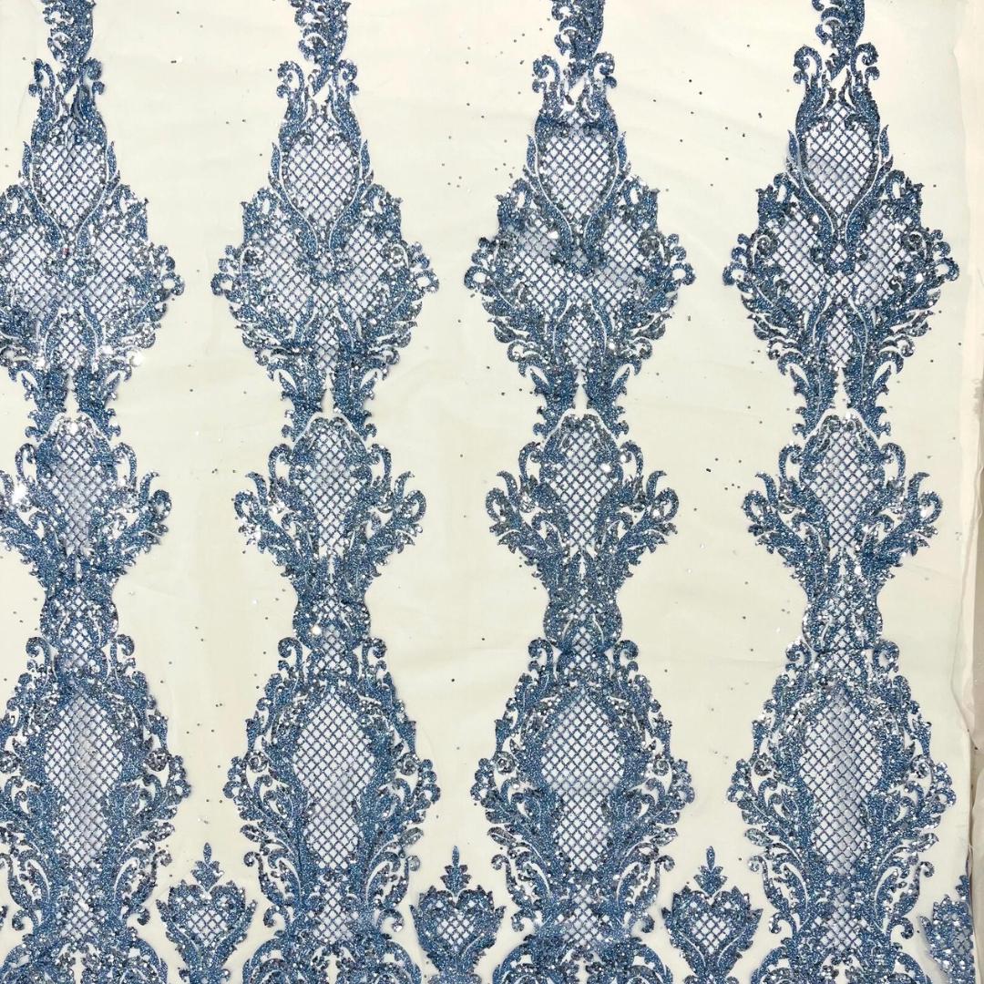 Luxury Lace - Lt Blue -  Glitter Damask Design Fabric 58” Wide For Quinsiañera Dresses - Prom Dress Sold By The Yard