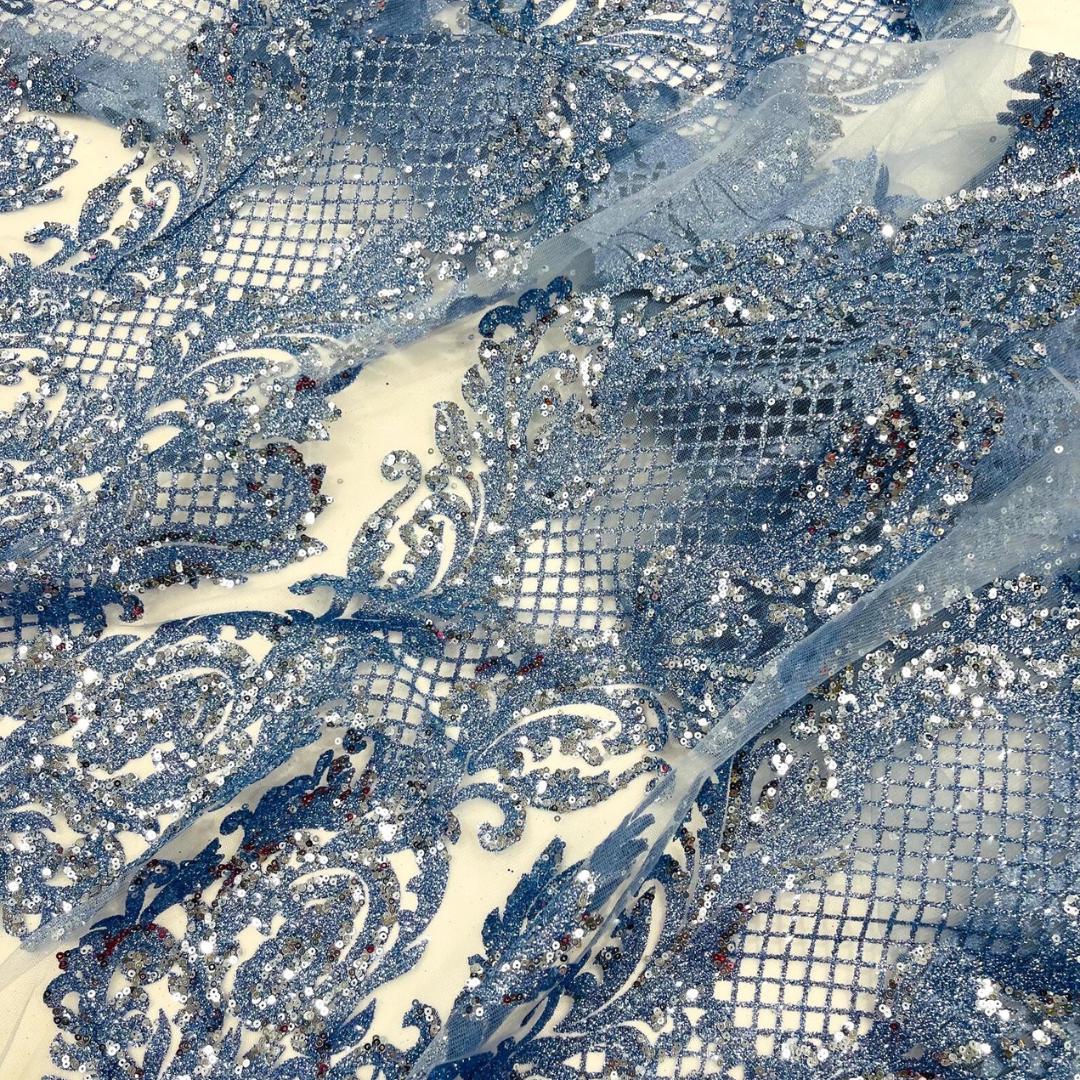 Luxury Lace - Lt Blue -  Glitter Damask Design Fabric 58” Wide For Quinsiañera Dresses - Prom Dress Sold By The Yard