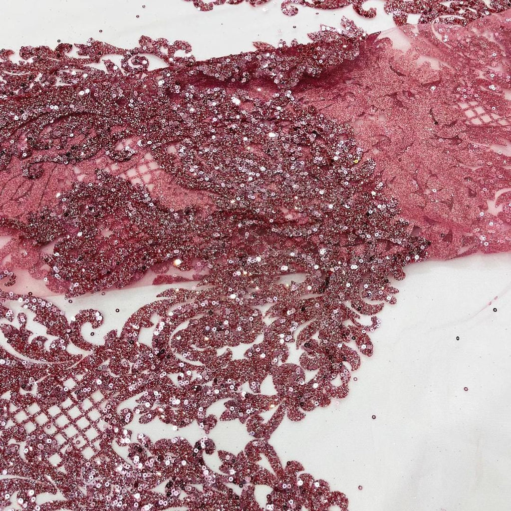 Luxury Lace - Dusty Rose -  Glitter Damask Design Fabric 58” Wide For Quinsiañera Dresses - Prom Dress Sold By The Yard
