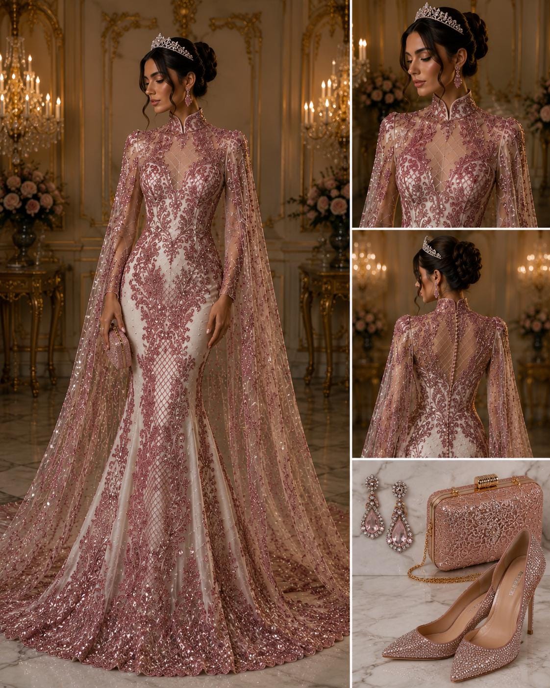 Luxury Lace - Dusty Rose -  Glitter Damask Design Fabric 58” Wide For Quinsiañera Dresses - Prom Dress Sold By The Yard