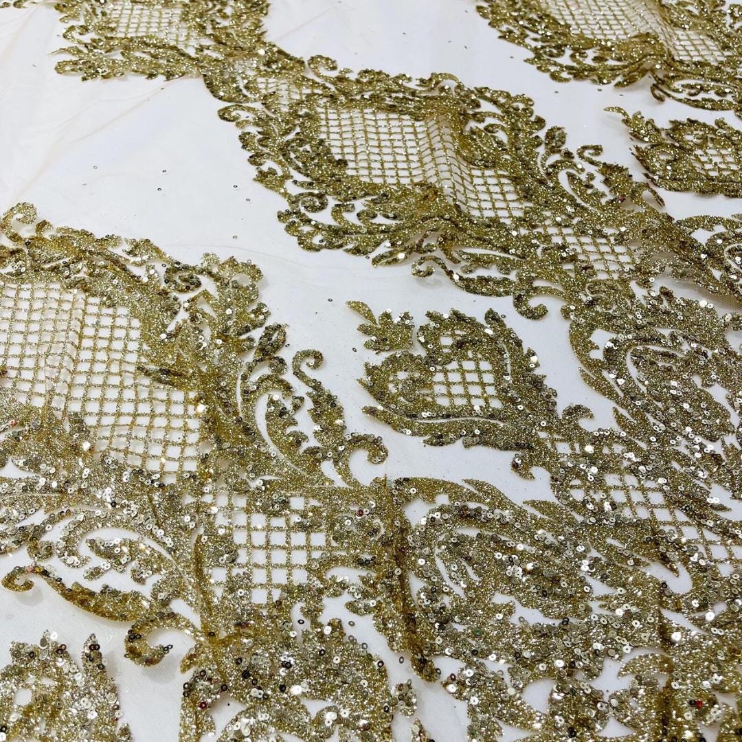 Luxury Lace - Gold -  Glitter Damask Design Fabric 58” Wide For Quinsiañera Dresses - Prom Dress Sold By The Yard