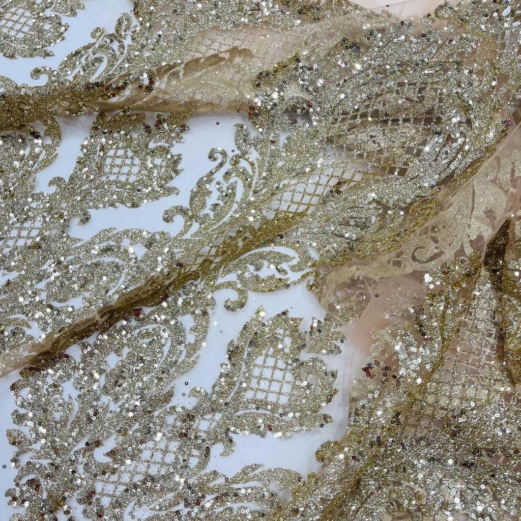 Luxury Lace - Gold -  Glitter Damask Design Fabric 58” Wide For Quinsiañera Dresses - Prom Dress Sold By The Yard