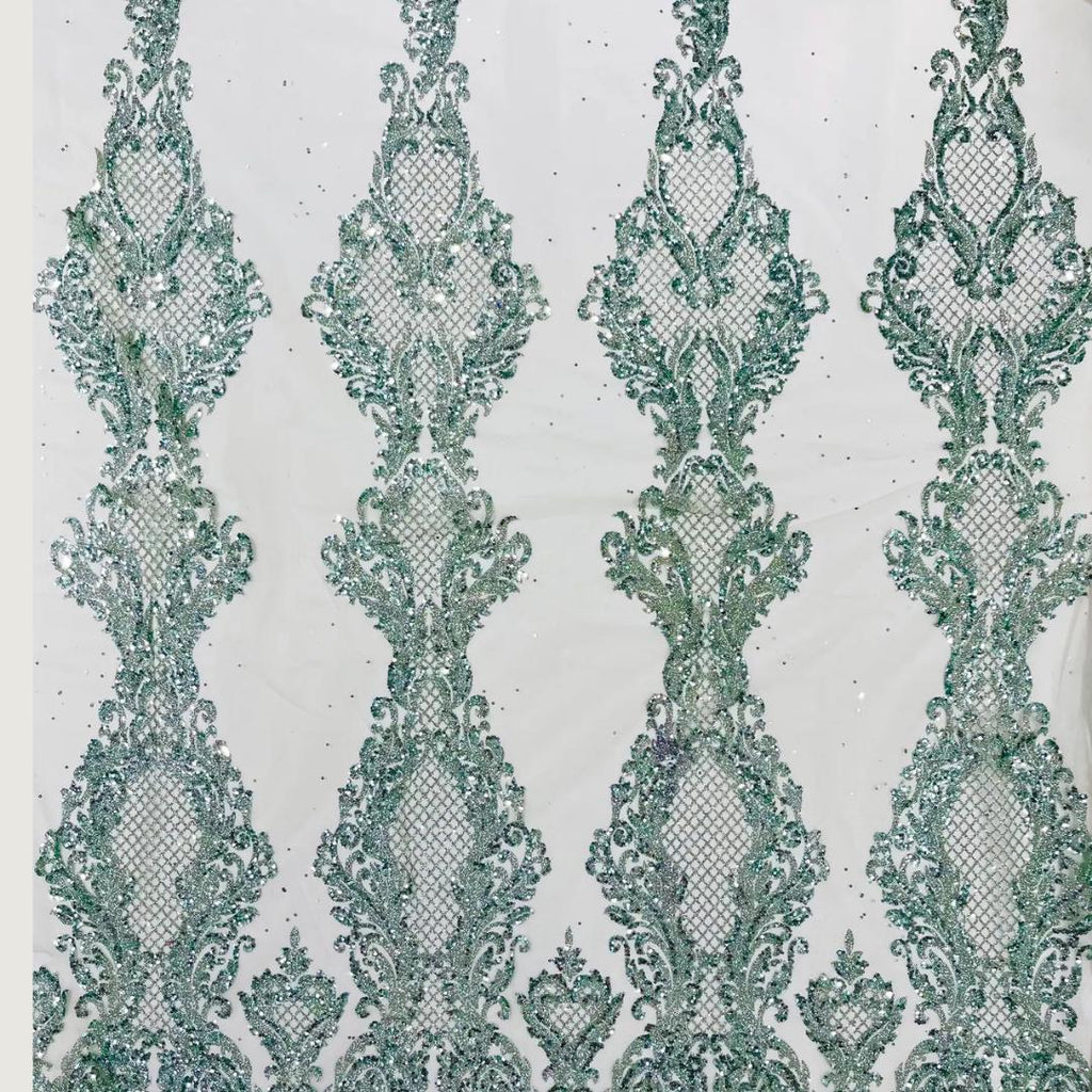 Luxury Lace - Sage -  Glitter Damask Design Fabric 58” Wide For Quinsiañera Dresses - Prom Dress Sold By The Yard